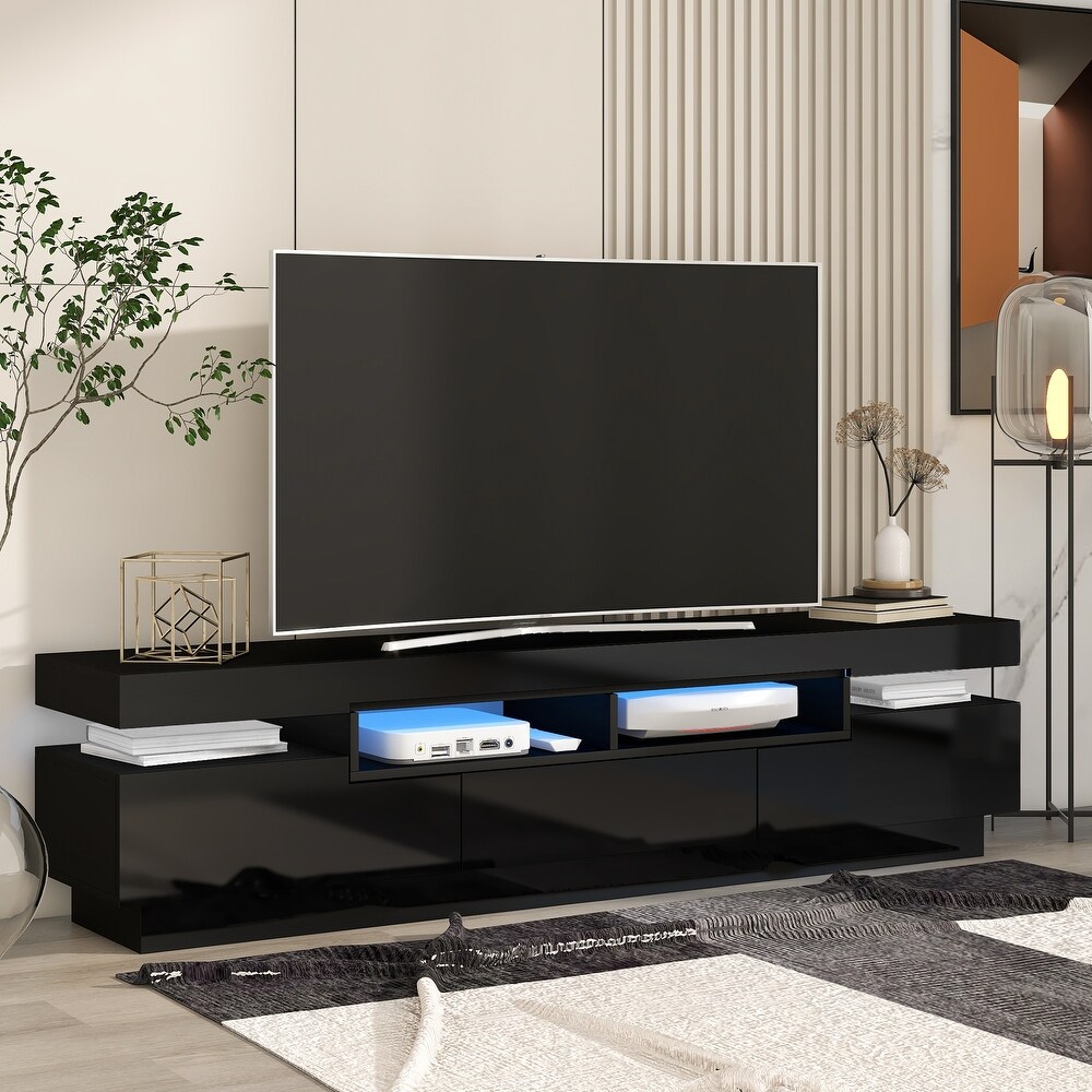 Modern White TV Stand High Gloss Entertainment Center with 4 Open Shelves for 75\