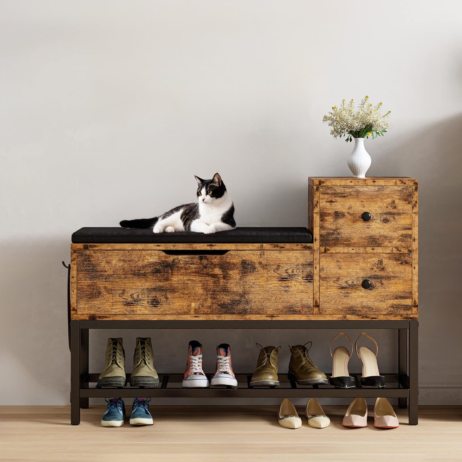 Entryway Bench With Shoe Rack Storage Bench With Flip Top Box and 2 Drawers