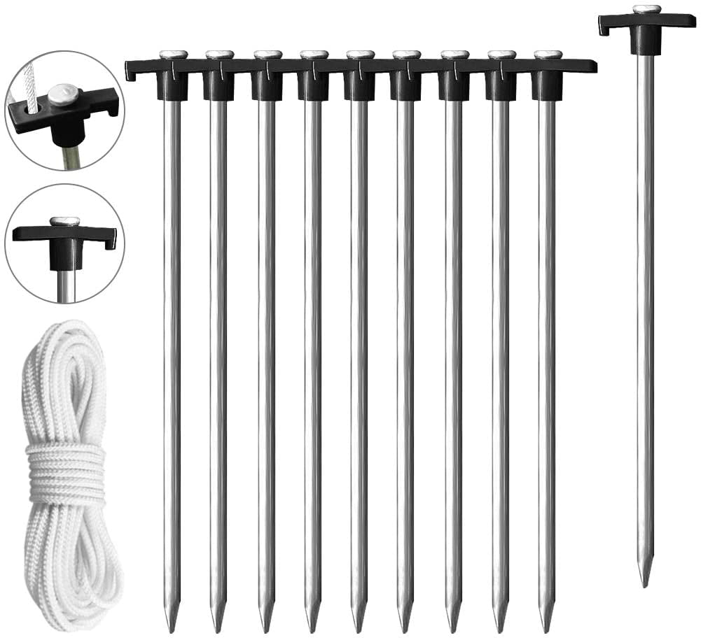 Eurmax Galvanized Non-Rust Camping Family Tent Pop Up Tent Stakes Heavy Duty 10pc-Pack, with 4x10ft Ropes & 1 Black Stopper