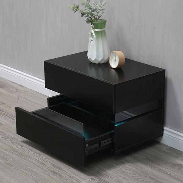 LED Modern Glossy Nightstand With 2 Drawers Bedside Night Light - - 36335243