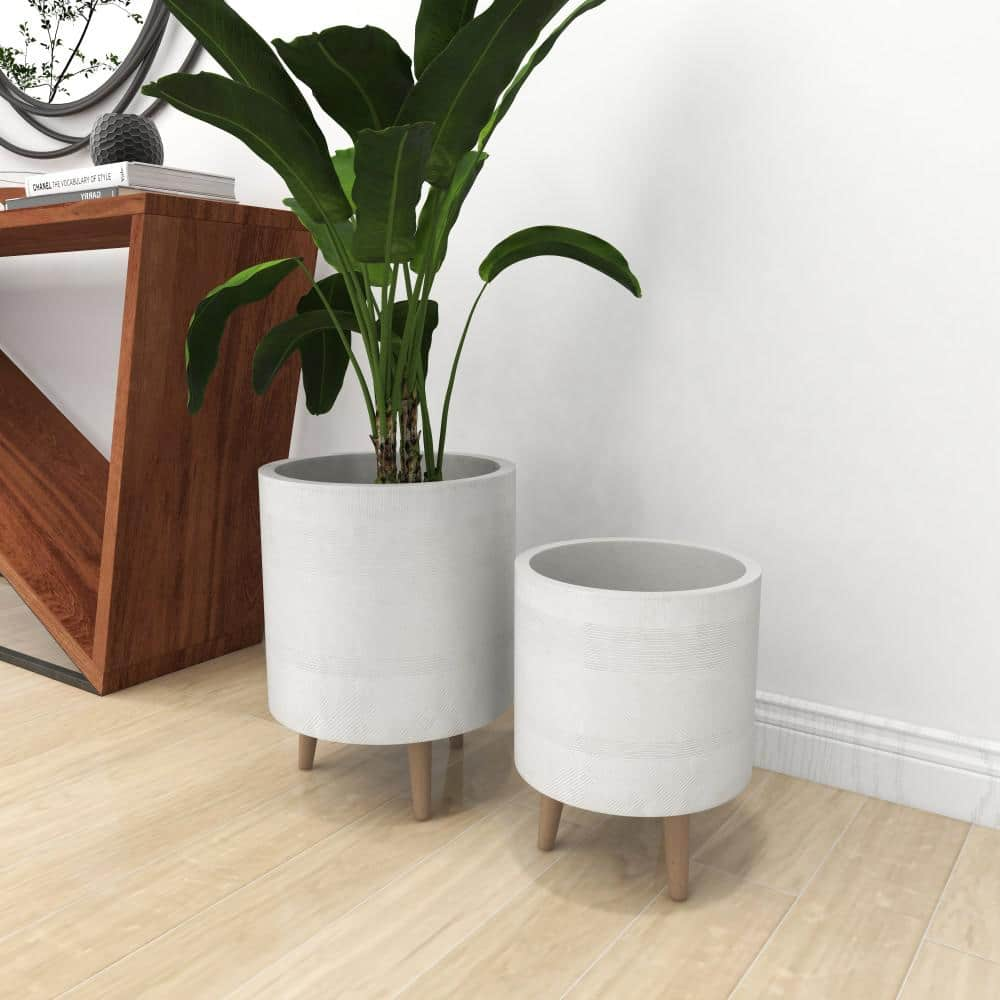 Litton Lane 16in. Medium White Ceramic Indoor Outdoor Planter with Wood Legs (2- Pack) 46492