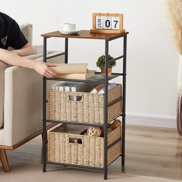 Industrial 4-Tier End Table with Mesh Shelves and 2 Wicker Storage Basket， Brown