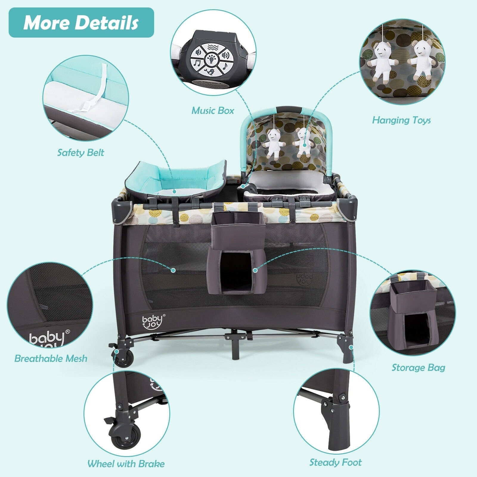 BABY JOY Nursery Center, 4-in-1 Portable Pack and Play w/ Cradle & Diaper Changing Table