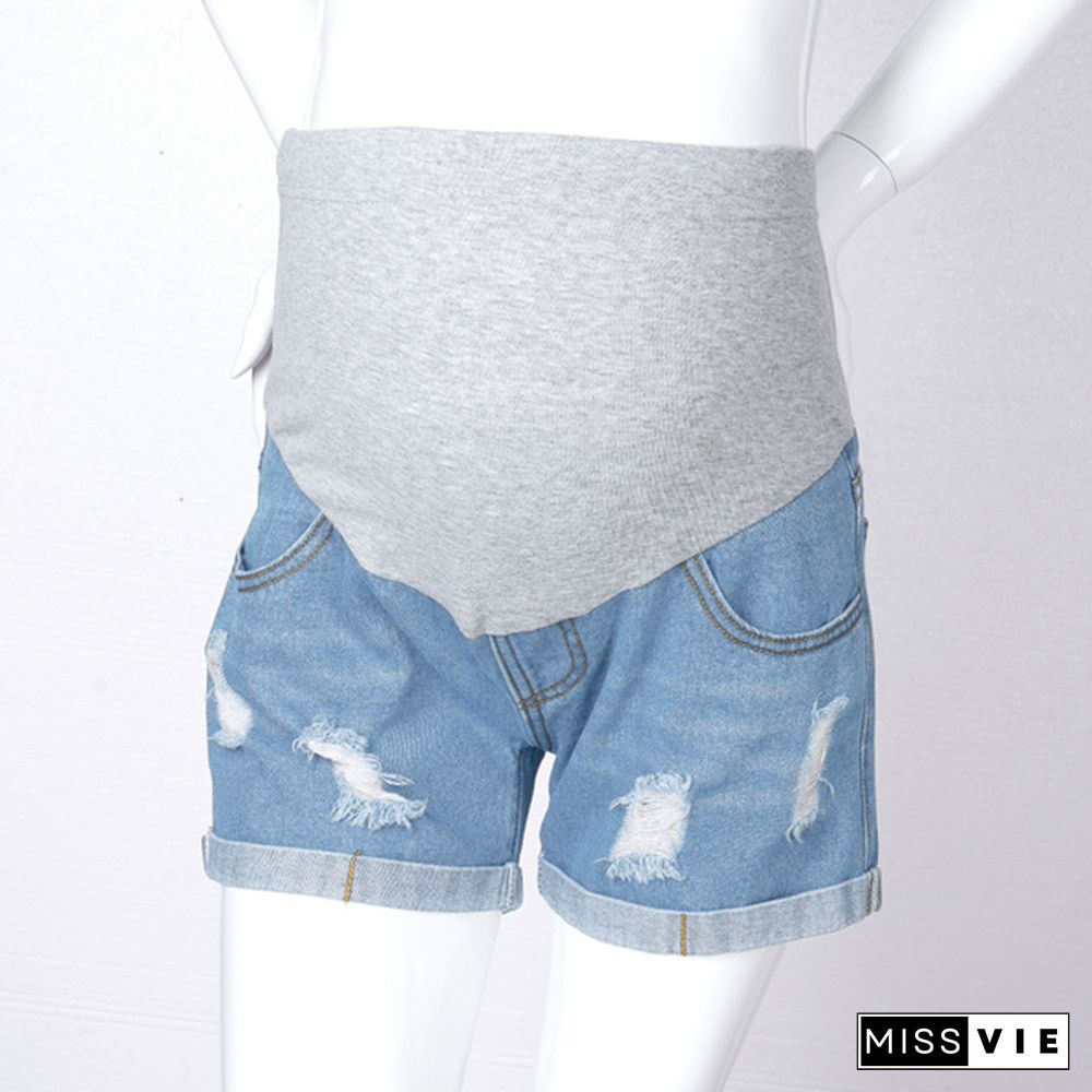 Maternity Shorts for Pregnant Women Denim Shorts Pregnancy Low Waist Loose Ripped Denim Shorts