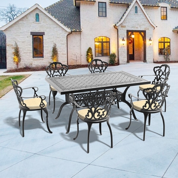 5/7Piece Cast Aluminum Outdoor Dining Set with 59.06'' L X 35.43'' W Rectangular Table and Random Color Seat Cushions