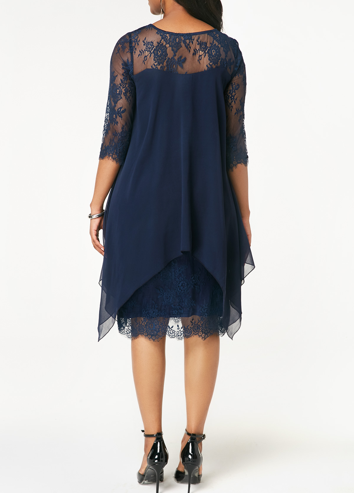 Chiffon Overlay Three Quarter Sleeve Lace Dress