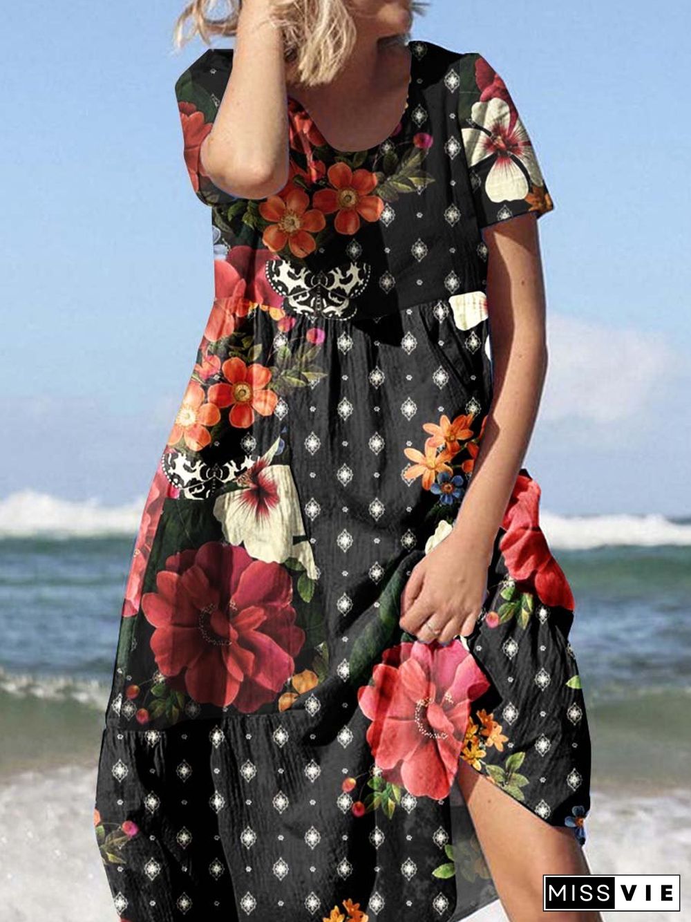 Women's Round Neck Seaside Resort Style Floral Print Flowy Dress With Pockets