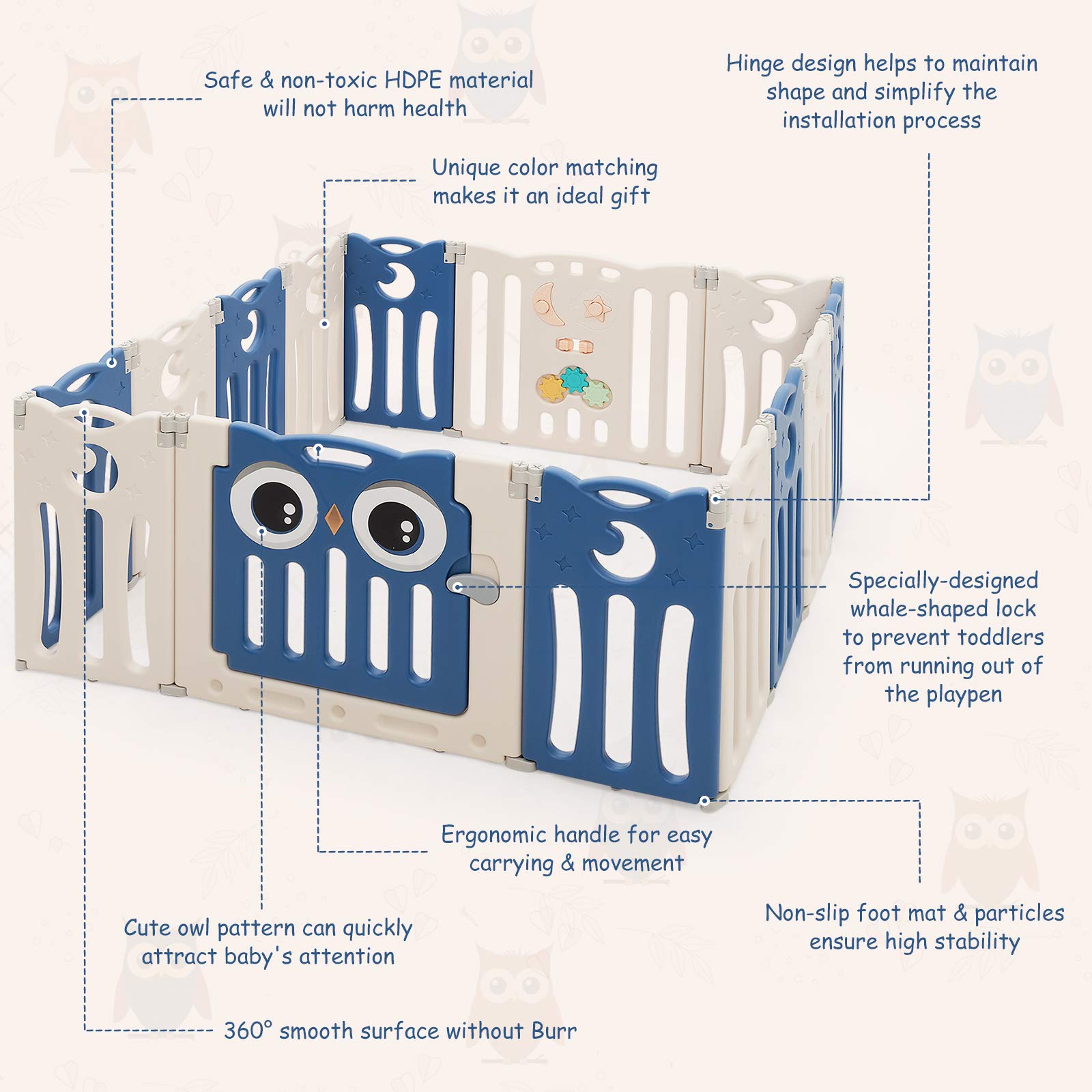 Costzon Foldable Baby Playpen, 14-Panel Baby Fence with Lock Door