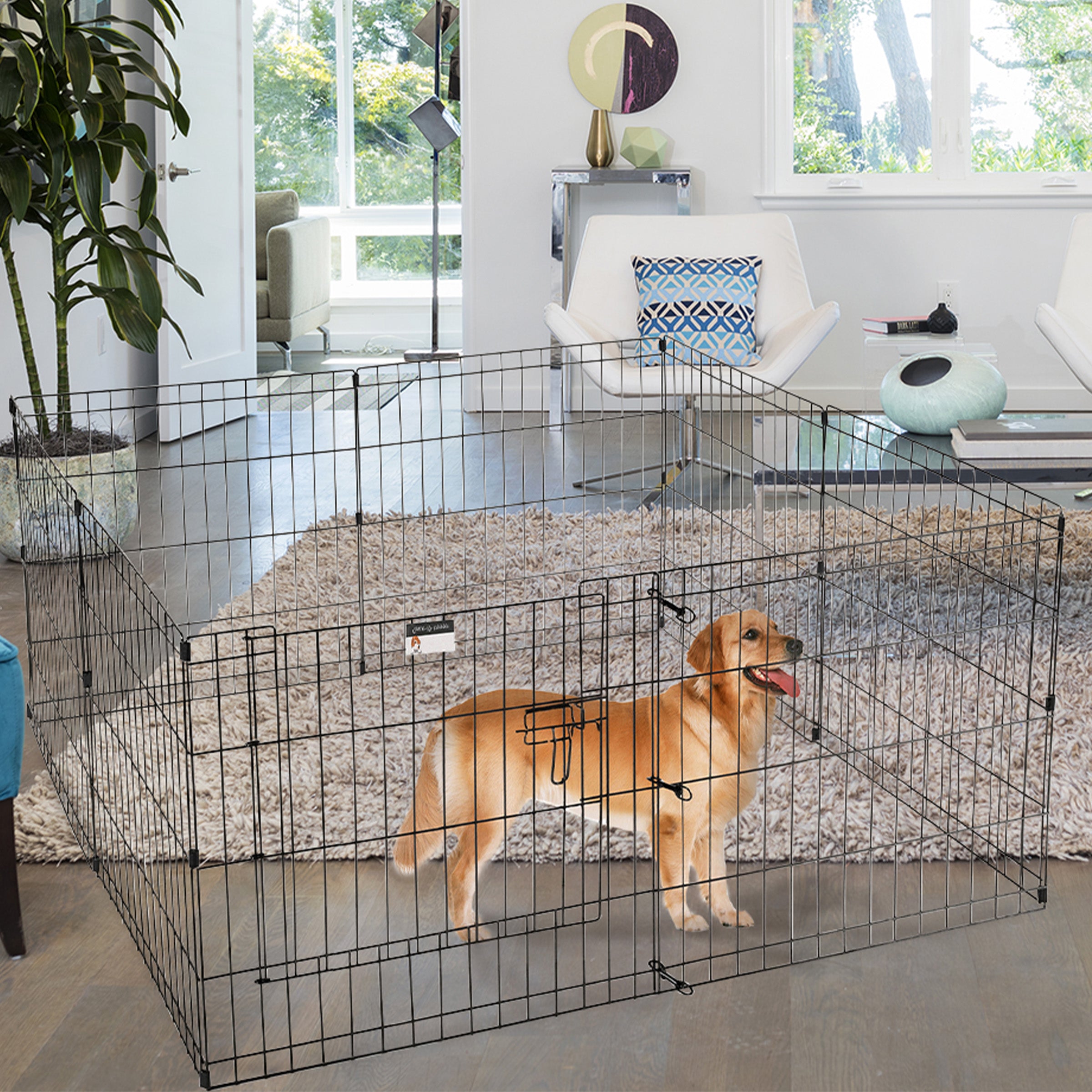 Puppy Playpen Foldable Metal Exercise Enclosure Eight 24x24-Inch Panels Indoor/Outdoor Pen with Gate for Dogs， Cats or Small Animals by Petmaker