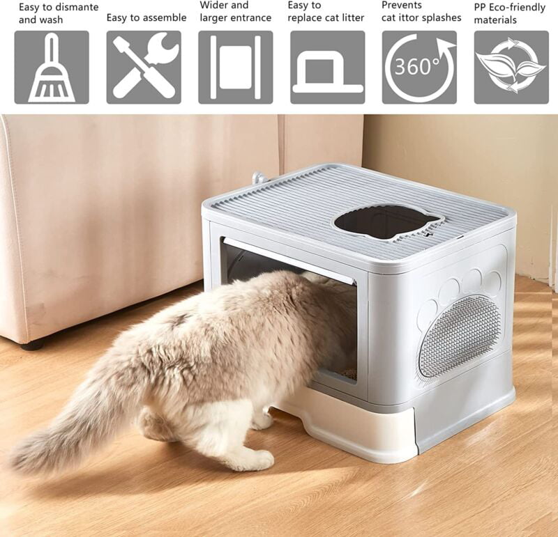 Tuoke Cat Litter Large Box Foldable Cat Litter Tray Box Sturdy Fully Enclosed Toilet