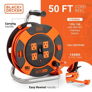 BLACK+DECKER 50 ft. 4 Outlets Retractable Extension Cord with 14 AWG SJTW Cable Outdoor Power Cord Reel BDXPA0062