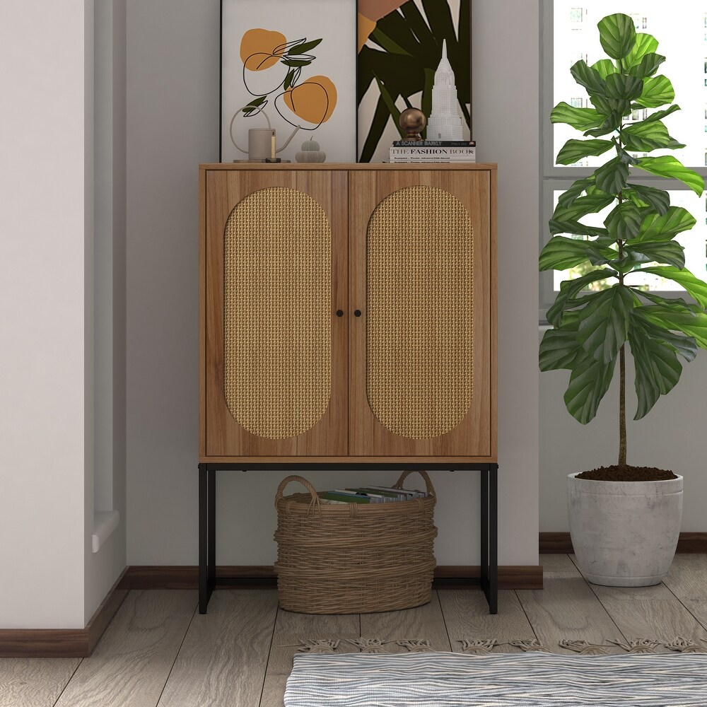 Natural Rattan 2 Door high cabinet，Built in adjustable shelf，Easy Assembly，Free Standing Cabinet for Living Room Bedroom