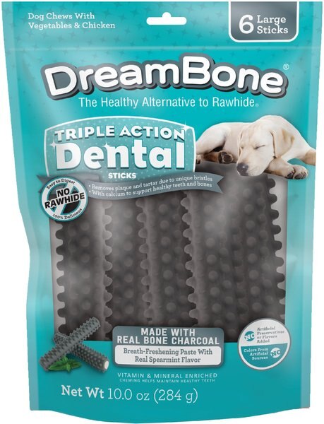 DreamBone Triple Action Dental Sticks Charcoal Dog Dental Treat， 10-oz bag， 6 count