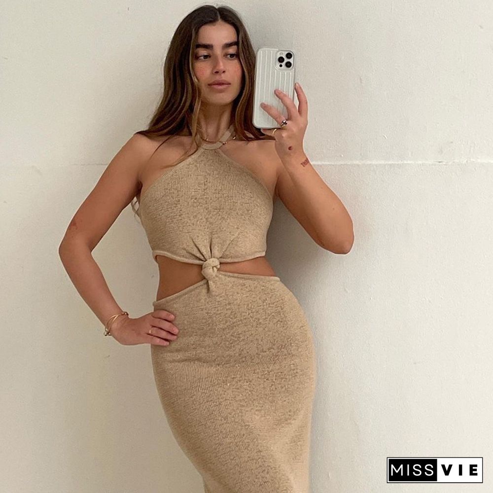 Solid Clothing Halter Cut Out DressFor Women Sexy Elegant Off The Shoulder Dresses Blackless Bodycon Party Club Summer Outfits