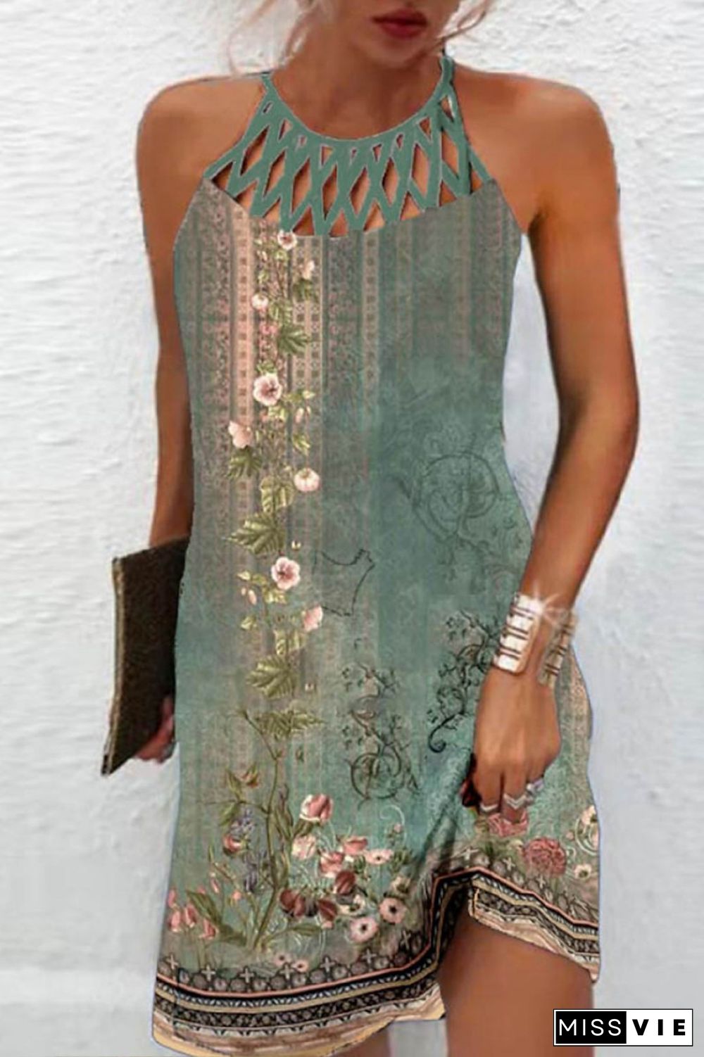 Green Casual Print Hollowed Out O Neck Sleeveless Dress Dresses