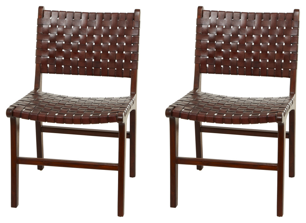 Set of 2 Leather and Teak Contemporary Dining Chair 64777   Transitional   Dining Chairs   by Brimfield  ampMay  Houzz