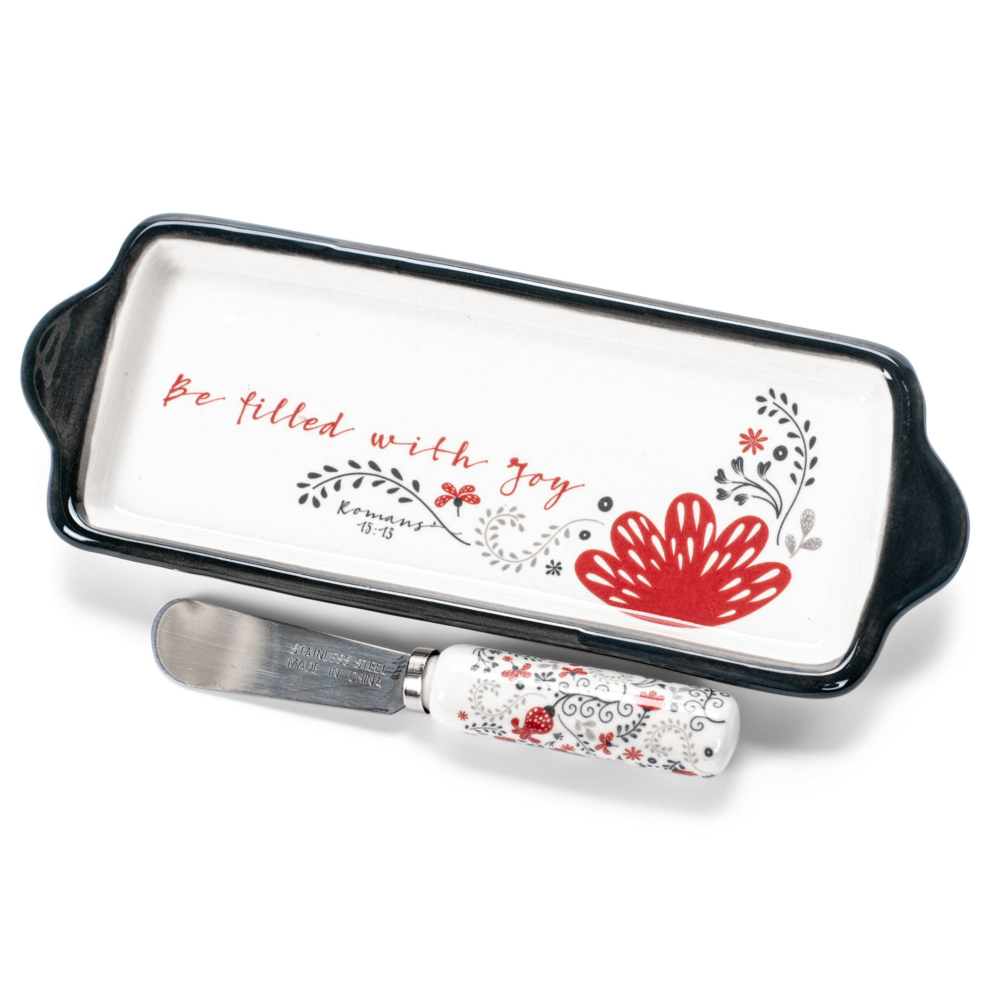 Be Filled Joy Red Floral 2.5 x 8.5 Stoneware Decorative Serving Butter Dish and Knife