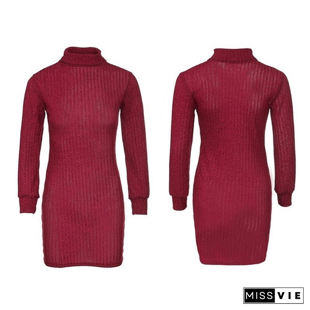 Women Autumn and Winter Long Sleeve Knitted Sweater Dress Ladies Fashion Keep Warm Knitting High Collar Slim Fit Bottoming Mini Knitting Dress