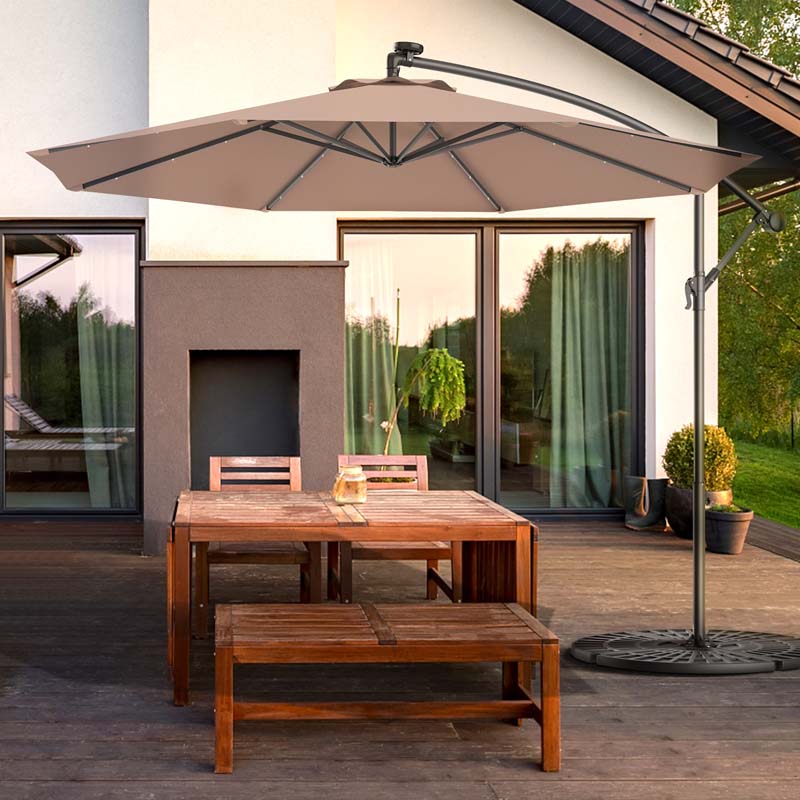 10 FT Offset Patio Umbrella with Solar LED Lights & Cross Base, Large Outdoor Cantilever Umbrella for Sun Rain