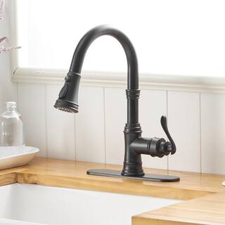 BWE Single-Handle Pull-Down Sprayer 3 Spray High Arc Kitchen Faucet With Deck Plate in Matte Black A-94551-Black