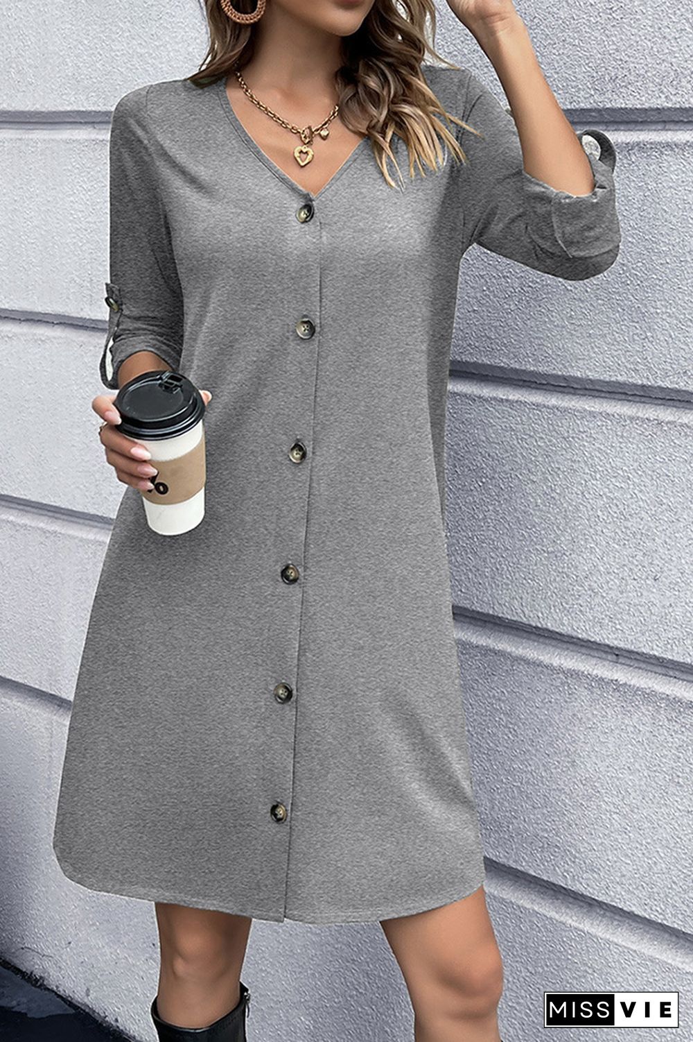 V Neck Front Open Button Long Sleeves Dress