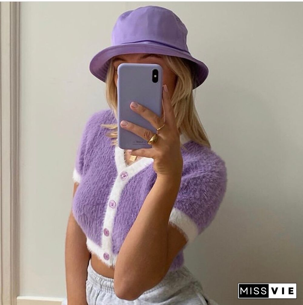 Spring Korean Sweater Women Vintage Pink Cardigan Knitted Cute Sweater Punk Crop Sweater Knit Korean Cardigans Cute Purple