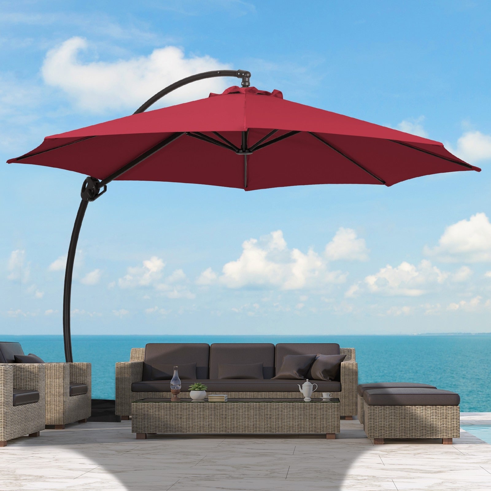 SERWALL 10ft Curvy Cantilever Offset Hanging Market Patio Umbrella with Base, Red