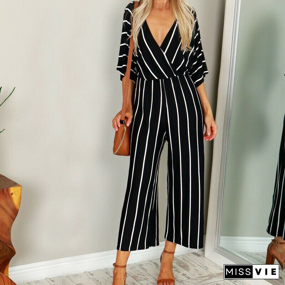 Wide Leg Pants Jumpsuit Ladies Half-sleeved Striped Loose Loose Trousers Jumpsuit Overalls