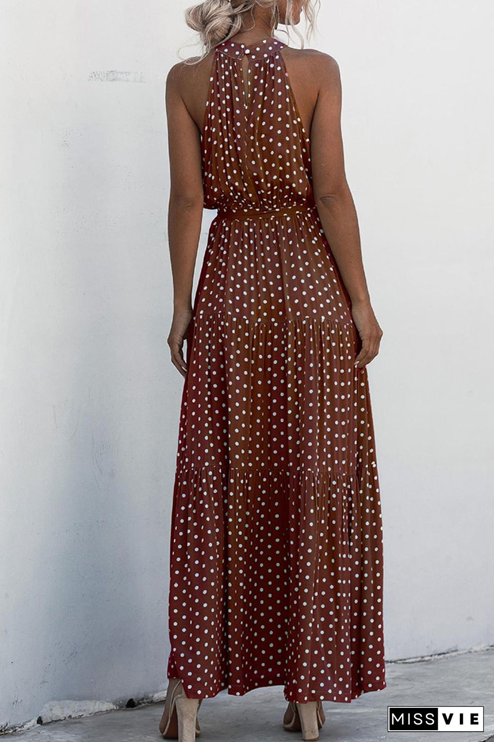 Halter Polka Dot Print Tie Waist Maxi Dress Wholesale