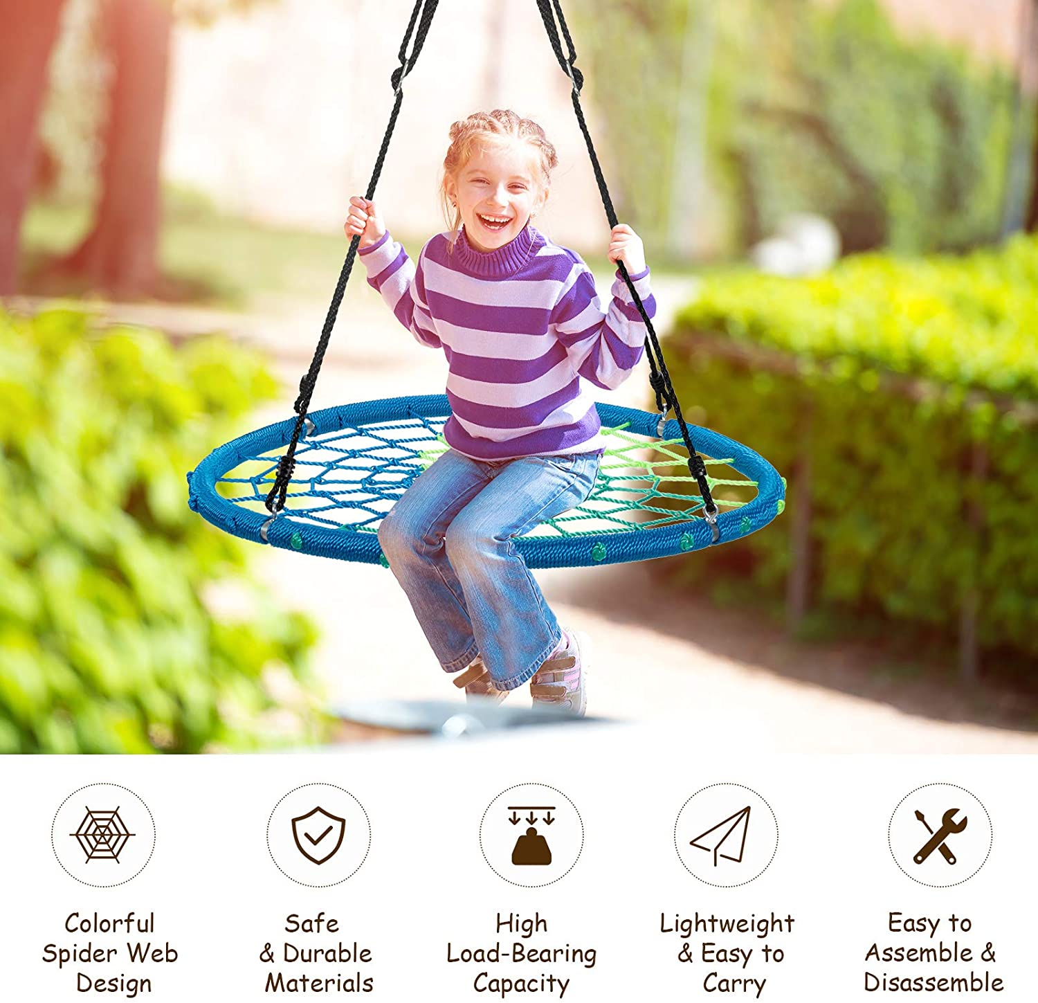 Costzon 40'' Spider Web Colorful Tree Swing Net Swing, 700 Lbs Kids Net Spider Web Round Swing with 40'' - 63'' Hanging Ropes for Tree