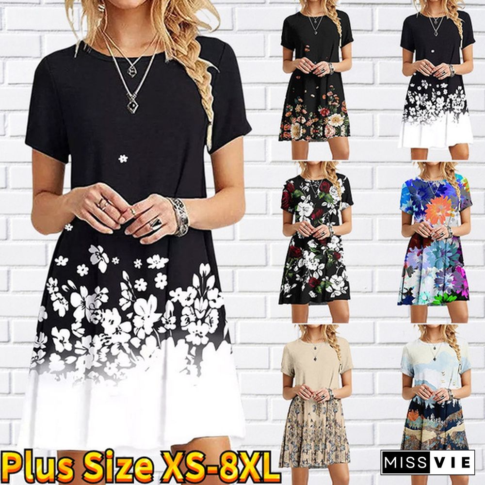 Women's Fashion Dress Flower Leaf Print Women's Casual Dress Summer Beach Short-sleeved Dress Plus Size XS-8XL