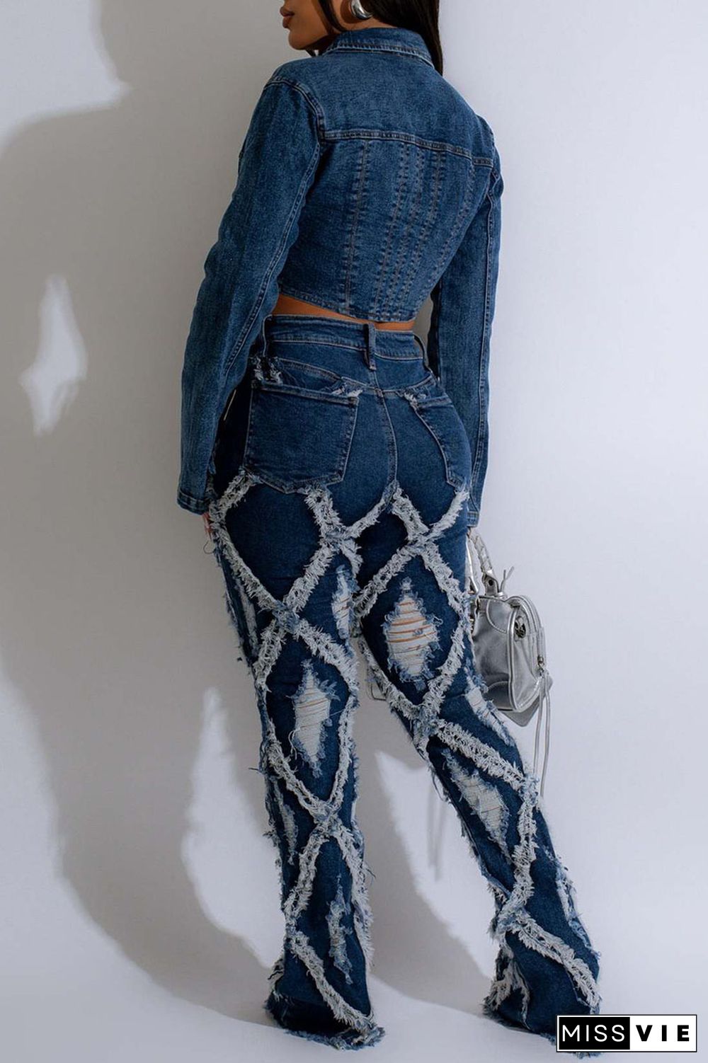 Sexy Solid Ripped Patchwork Buttons Zipper High Waist Boot Cut Denim Jeans