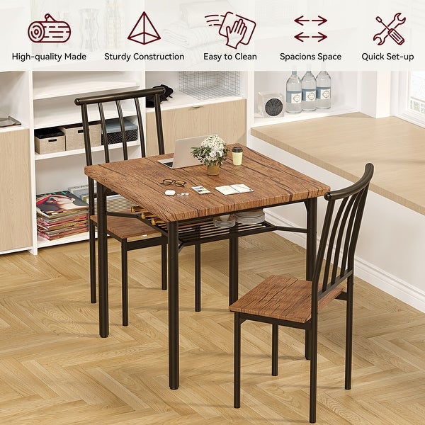 Dining Table Set， Kitchen Table and Chairs for 2 with Wine Rack， 3 Piece Metal and Wood Square Dining Room Table Set