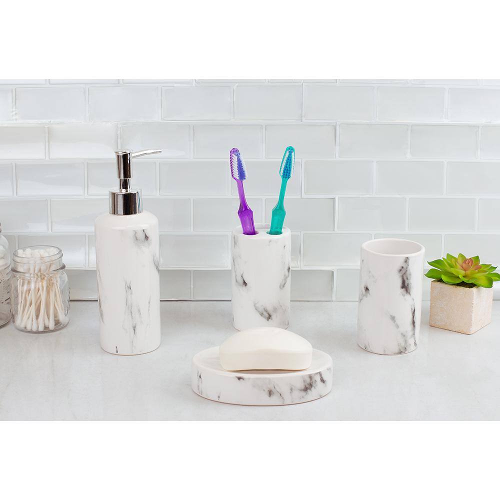 Home Basics Marble Ceramic 4 Piece Bath Accessory Set in White HDC51468