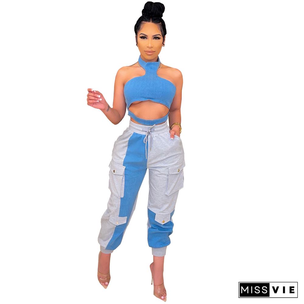 Women Summer Sexy Backless Halter Crop Top Contrast Color Splicing Overalls Club Party 2 Piece Pants Set