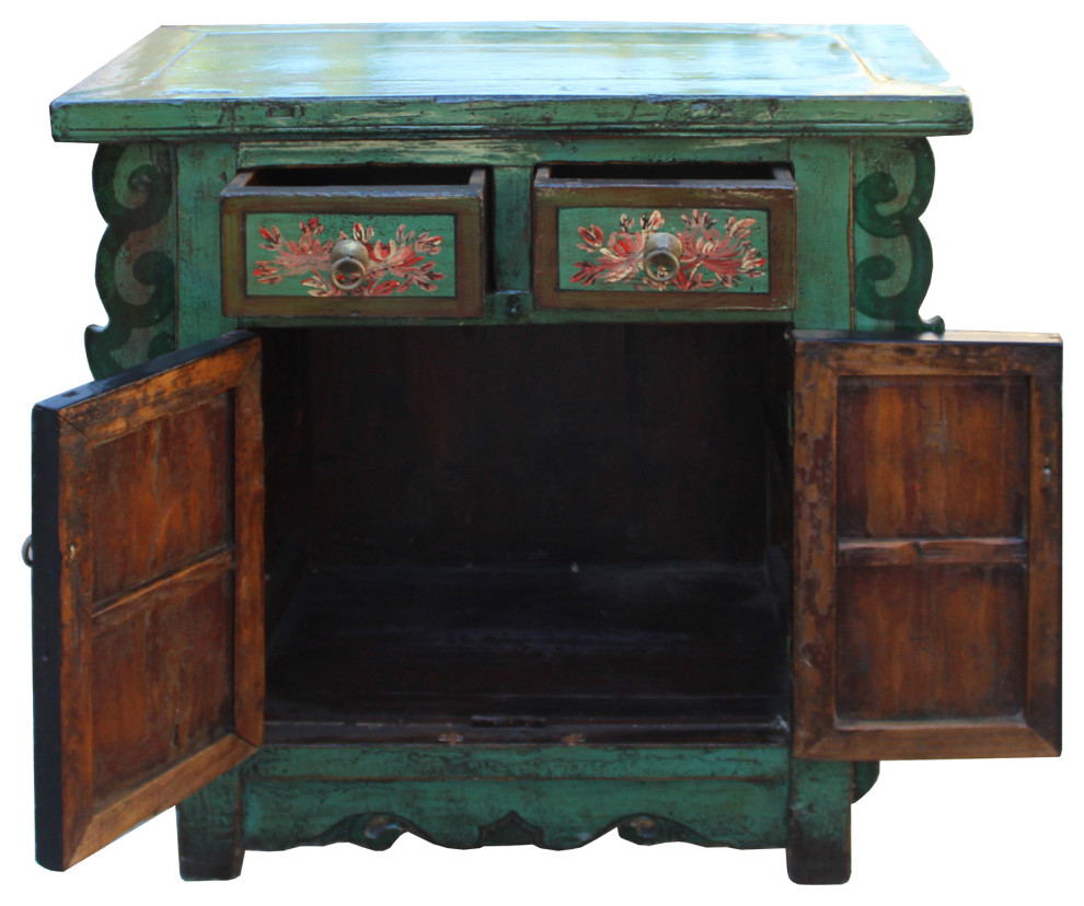 Chinese Distressed Green  ampBrown Flower Graphic Table Cabinet Hcs5948   Asian   Accent Chests And Cabinets   by Golden Lotus Antiques  Houzz