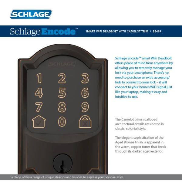 Schlage Camelot Aged Bronze Encode Smart Wi-Fi Deadbolt with Alarm and Camelot Handle Set with Accent Handle with Camelot Trim BE489WBCAM716 FE285GCAM716ACCCAM