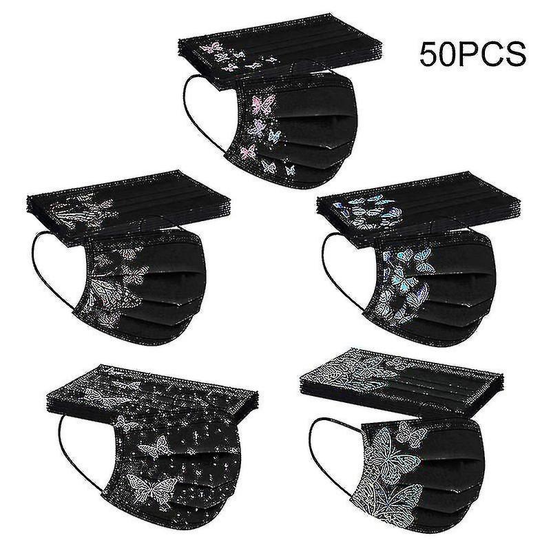 50pcs Butterfly Printed Black Disposable Face Masks For Adult 3-ply Face Protection Covering With