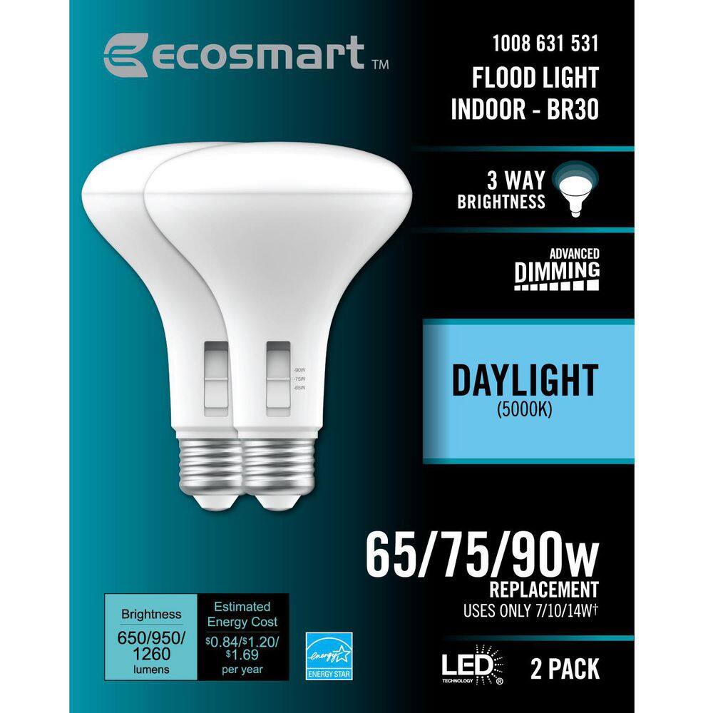 EcoSmart 657590-Watt Equivalent BR30 3-Way Flood ENERGY STAR Dimmable CEC LED Light Bulb Daylight (2-Pack) FG-04307