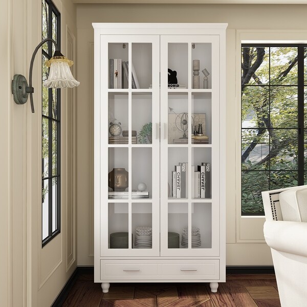 White Bookcase with Glass Doors Display Cabinet Bookshelf Organizer - 70.9