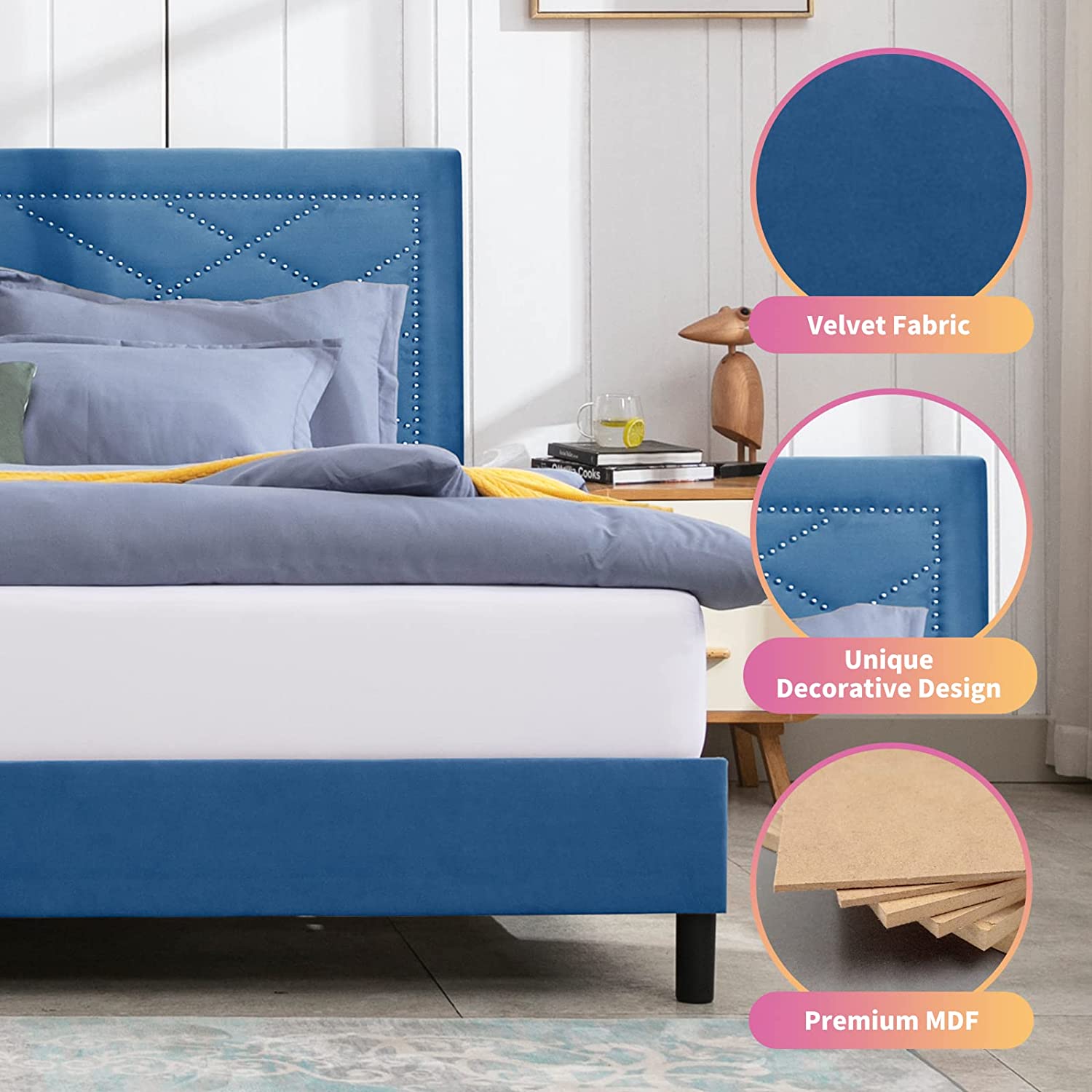 Mixoy King Bed Frame with High Headboard, Upholstered Platform Bed with Rivet Design, Wood Slat Support, Easy Assembly (King, Blue)