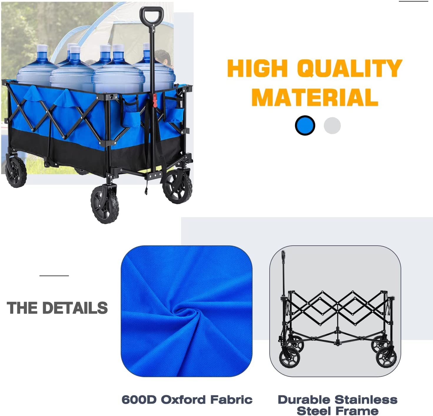 Mellcom Folding Wagon Cart, Outdoor Utility Foldable Trolley for Travel, Shopping, Camping, Blue