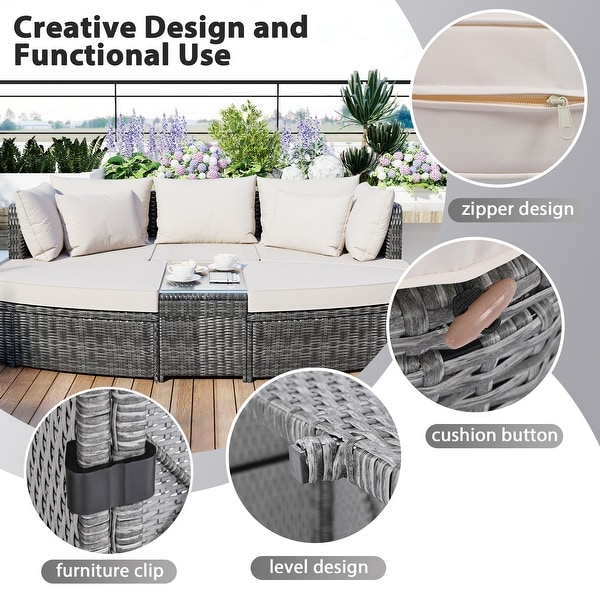 6Piece Patio Outdoor Conversation Sets Round Sectional Sofa，AllWeather PE Wicker Rattan Separate Seating Group with Table