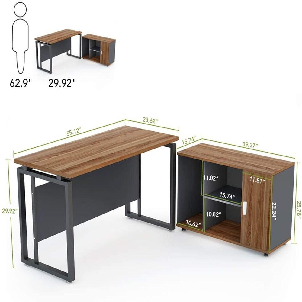 55 Inch L Shaped Computer Desk with File Cabinet Storage