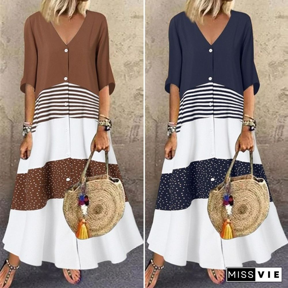 Summer V-Neck Short Sleeve Printed Long Dress Button Casual Dress Vestidos De Mujer