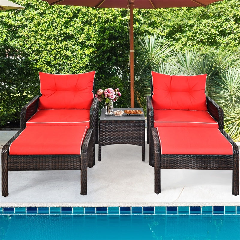 5 Pcs Rattan Patio Conversation Sets with Ottomans & Coffee Table, Wicker Outdoor Bistro Set