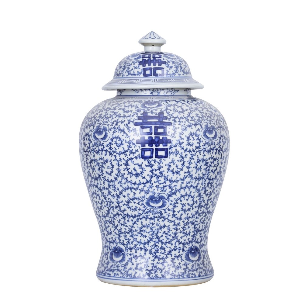 Blue And White Porcelain Double Happiness Floral Temple Jar