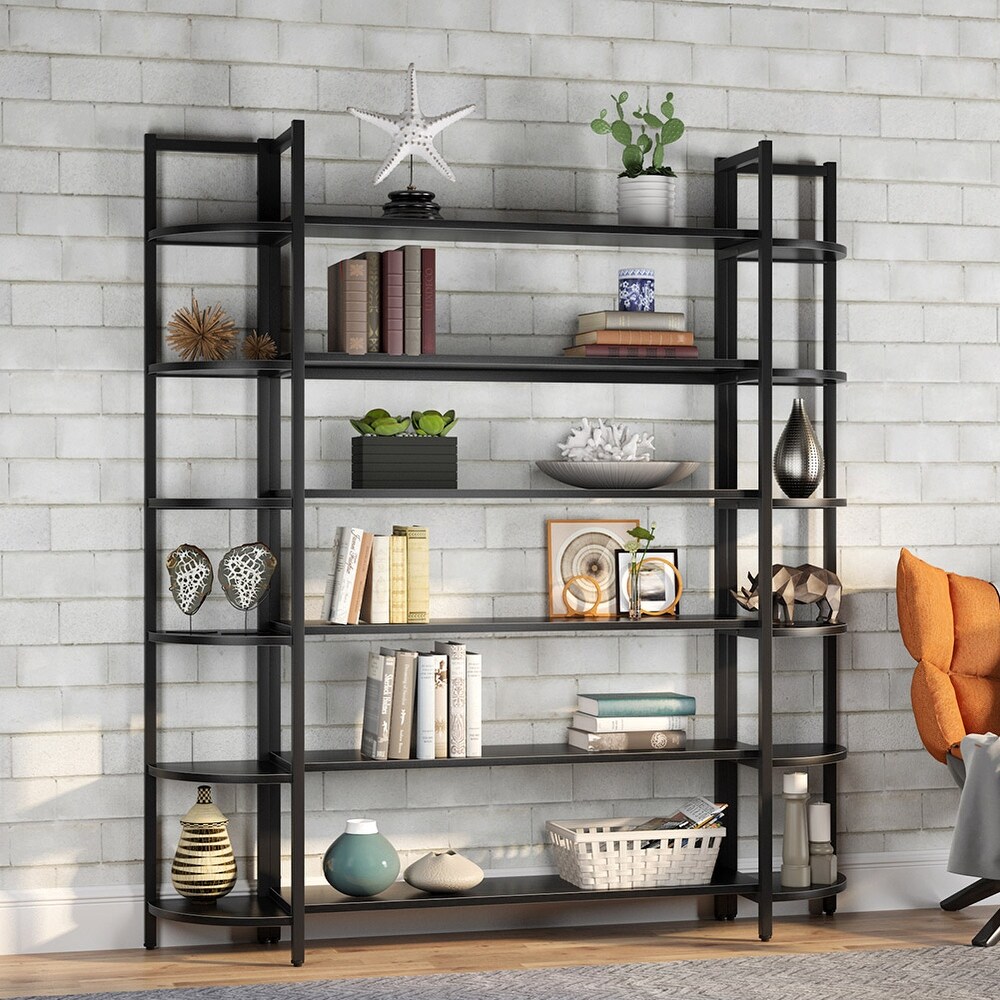 Modern Triple Wide 6 Shelf Bookcase Large Etagere Bookshelves and Double Wide Bookshelf Display Shelves