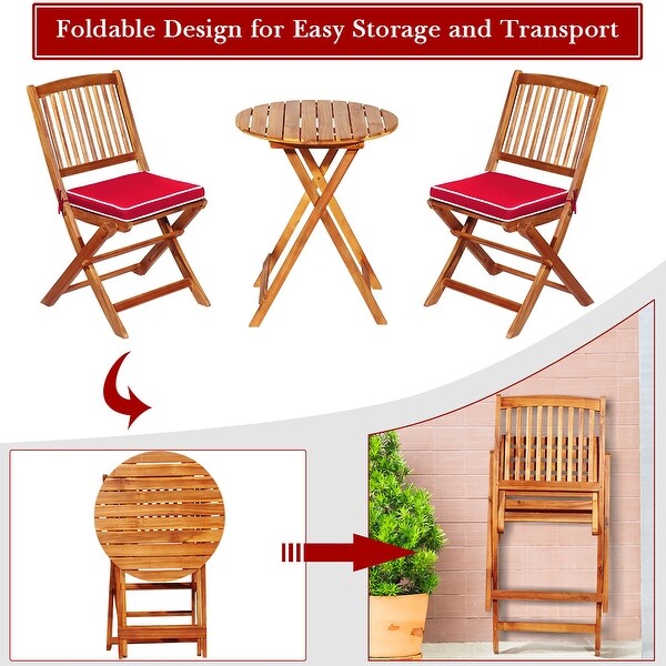 Costway 3PCS Patio Folding Wooden Bistro Set Cushioned Chair