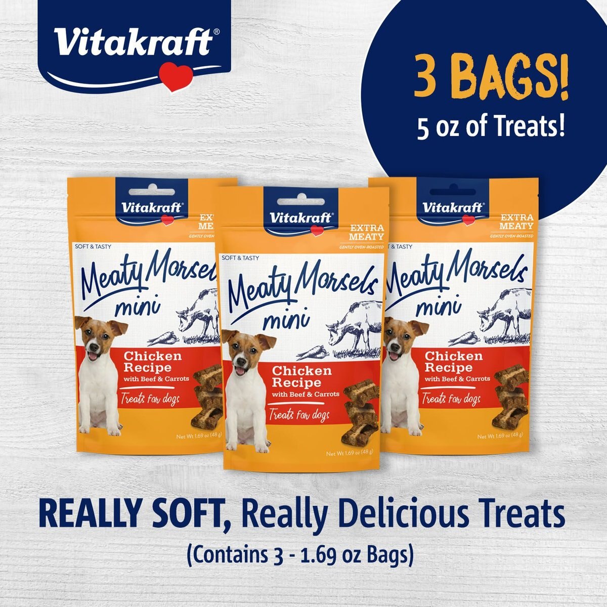 Vitakraft Meaty Morsels Mini Chicken with Beef Soft and Chewy Dog Treats， 1.69-oz bag， 3 count